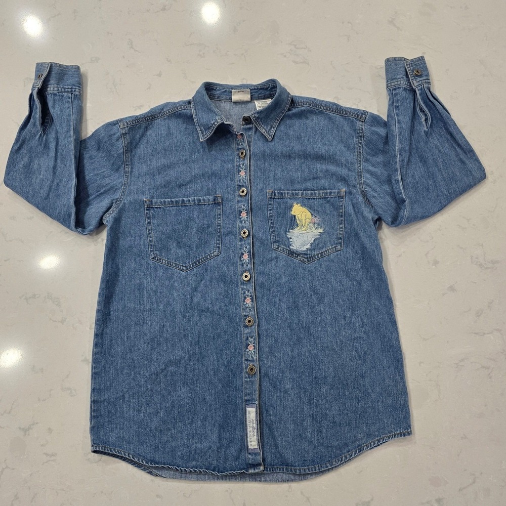 Vintage 90s Disney Winnie Pooh Denim Shirt Women's M Embroidered Blue Retro Y2K